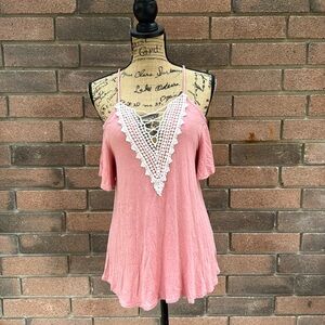 Say anything Pink Cold Shoulder Top with Lace Detail Size Medium